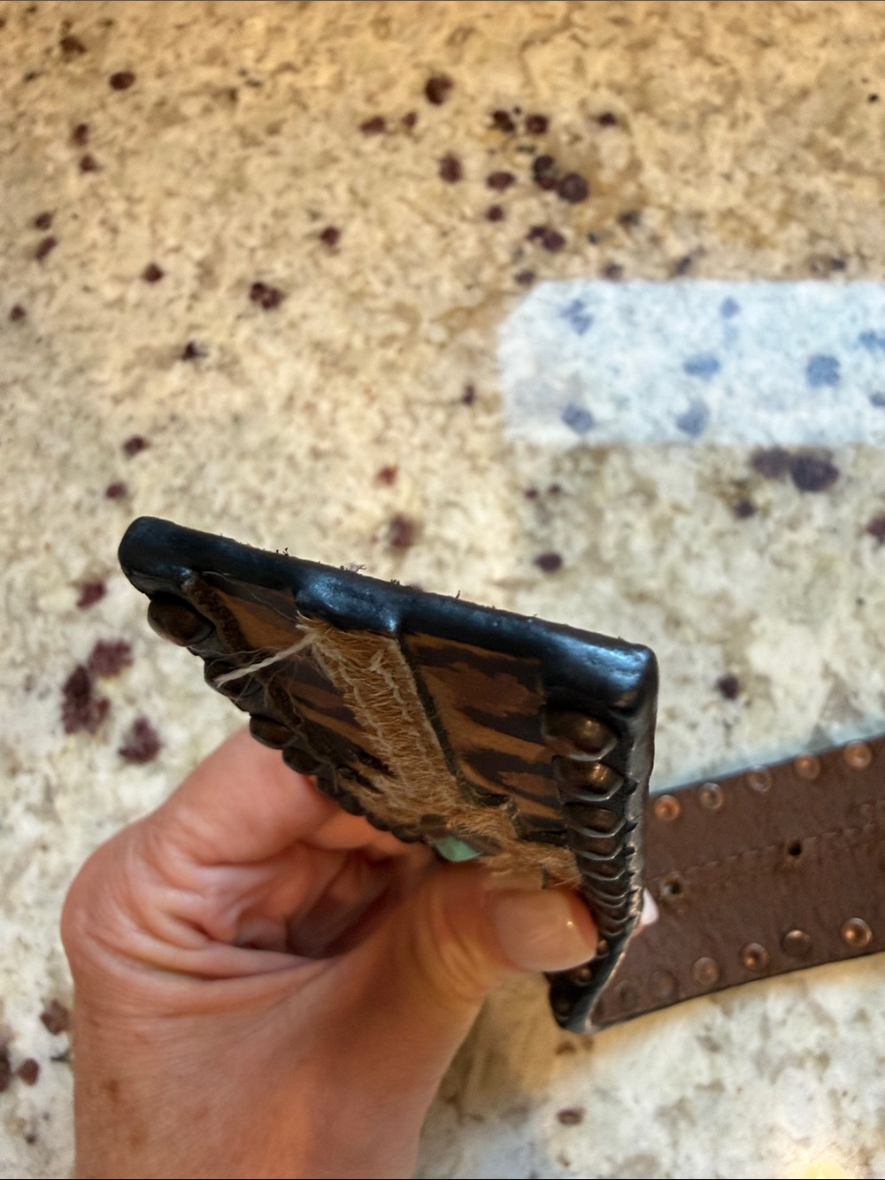 Nocona Brown Leopard Print Leather Belt with Calf Hide and Turquoise Accents - Picture 10 of 11